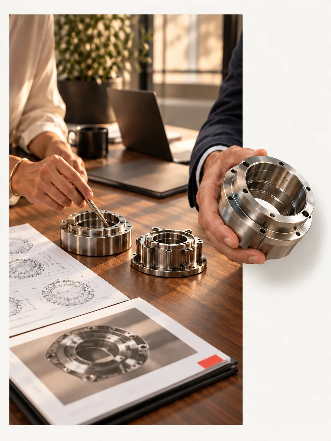 Illustrative review of component samples and technical drawings, with a selected sample presented beyond the photograph's edge.