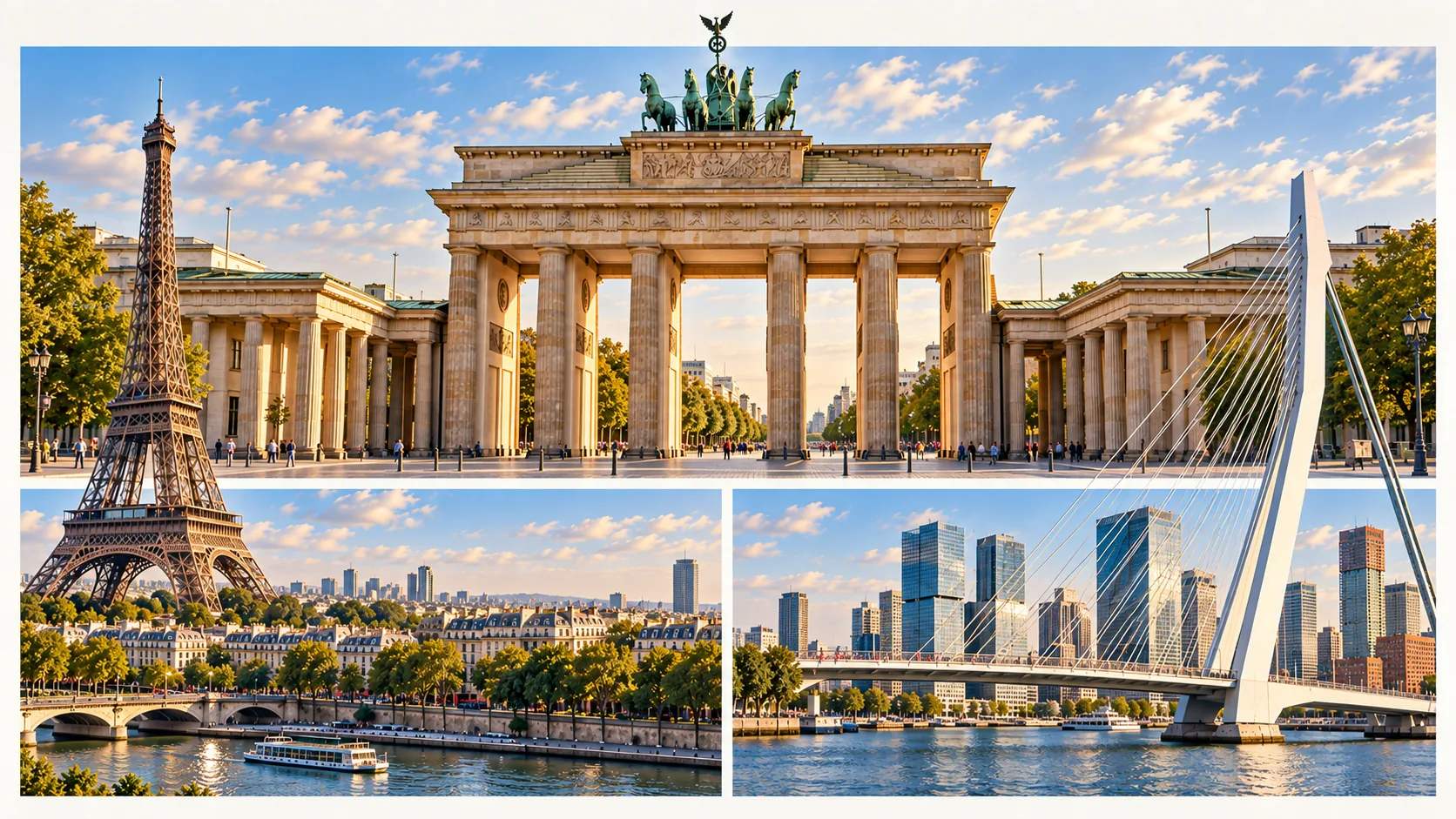 Illustrative European montage with Germany’s Brandenburg Gate above Paris and Rotterdam; the Eiffel Tower and Erasmus Bridge extend into the German scene.