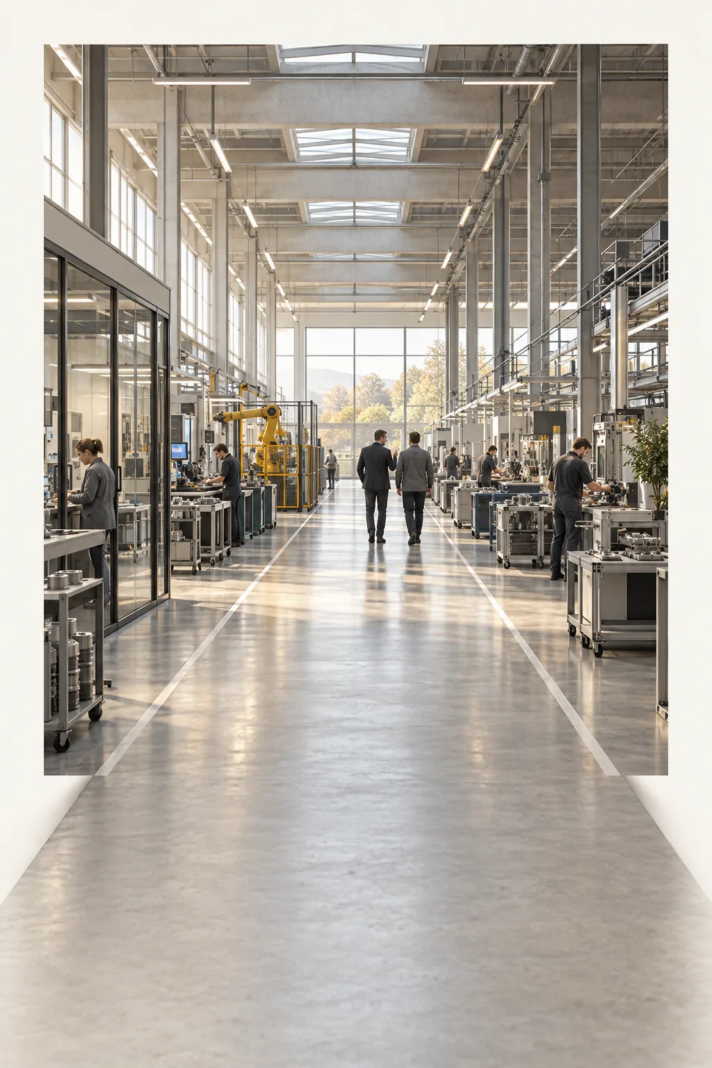 Illustrative Produktionshalle mit Teams an Montagestationen und einem Gang, der über den Bildrand hinausführt.