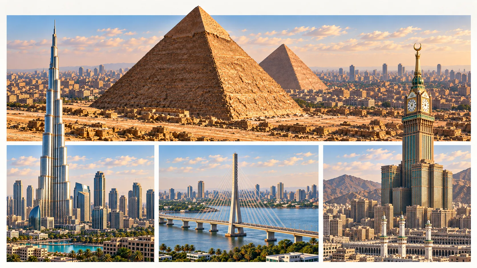 Illustrative Montage der ägyptischen Pyramiden über Dubai, Lagos und Mekka; Burj Khalifa und der Abraj-Al-Bait-Uhrturm ragen in das ägyptische Motiv hinein.